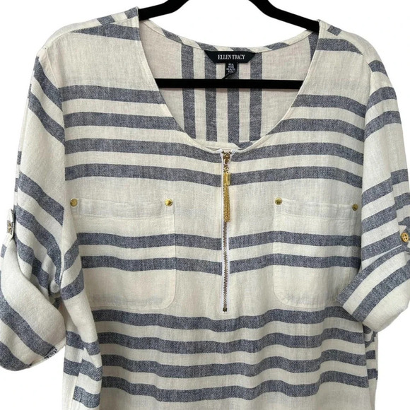 Ellen Tracy Women's Linen Striped Gold Accents Rollup Cuffed Sleeve Top Size XL - Picture 2 of 6